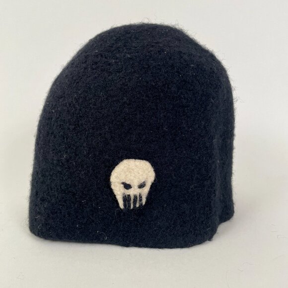 Julie Sinden Handmade Merino Wool Beanie Hat, Black With White Skull Detail - Picture 2 of 4